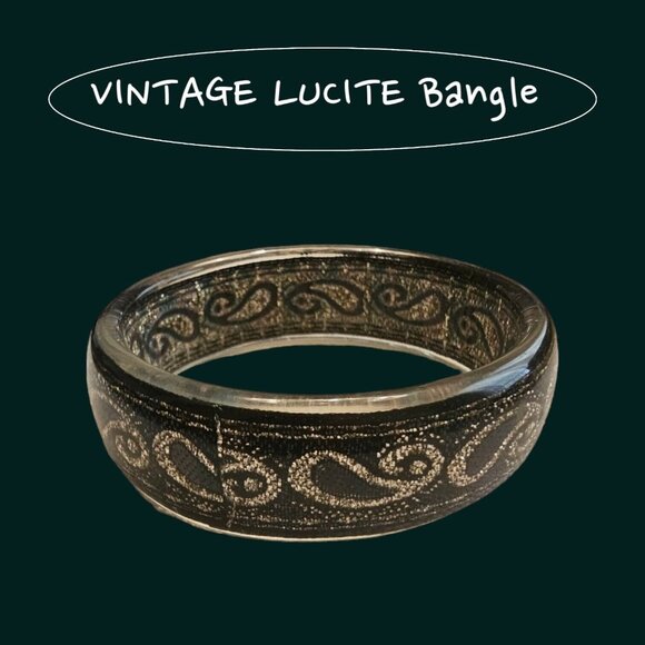Lucite Bangle Bracelet Black Ribbon Metallic Gold Paisley Pattern Vintage 1980s - Picture 2 of 11